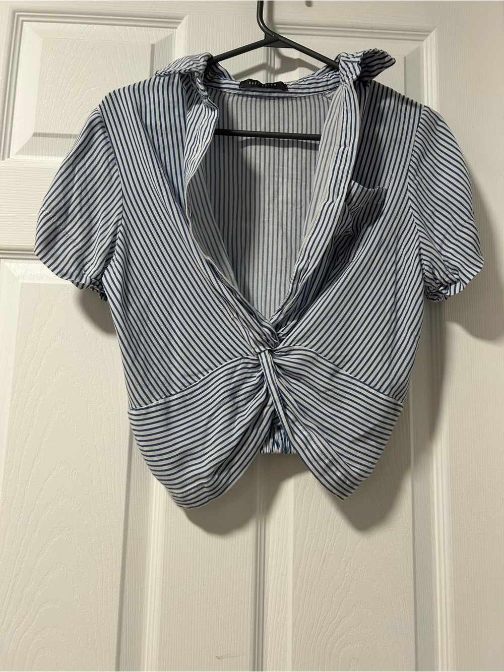 Striped Tie-Front Cropped Blouse - Blue/White